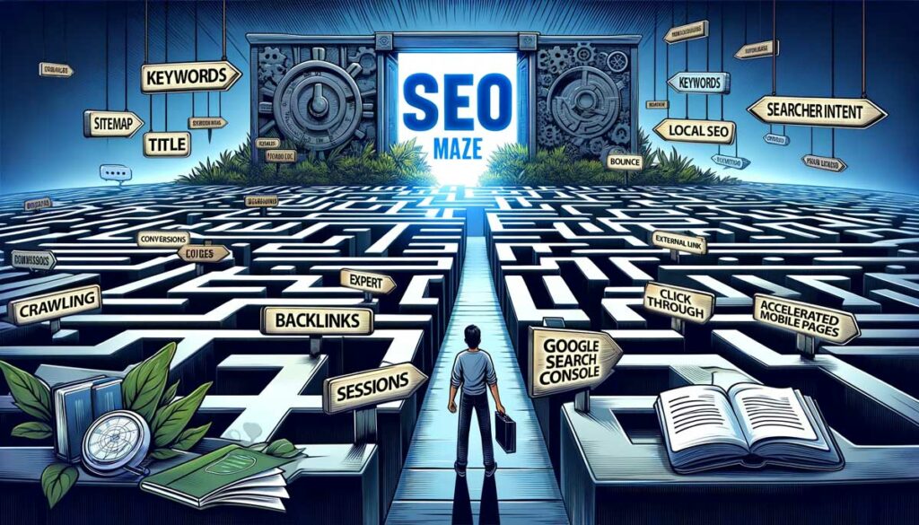 Illustration of navigating the maze of Search Engine Optimization (SEO)